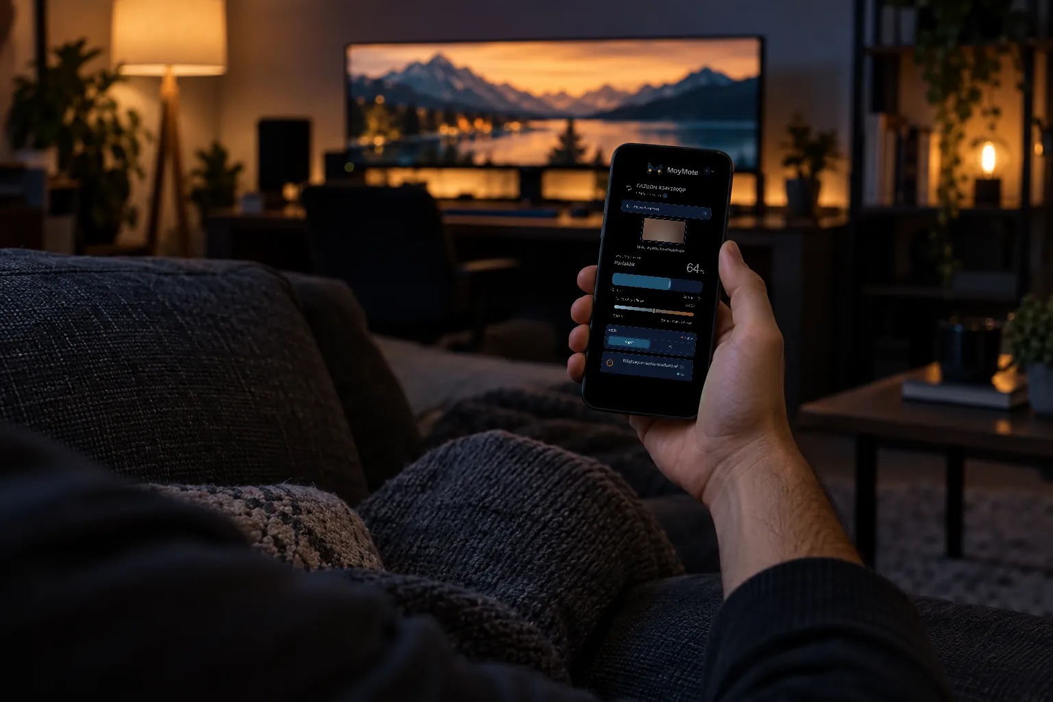 Gece kanepede, MoyMote telefon paneli açık bir telefon; odanın öbür ucunda parlayan monitör