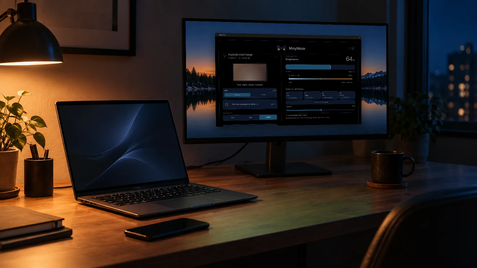 A laptop and an external monitor showing the MoyMote desktop app