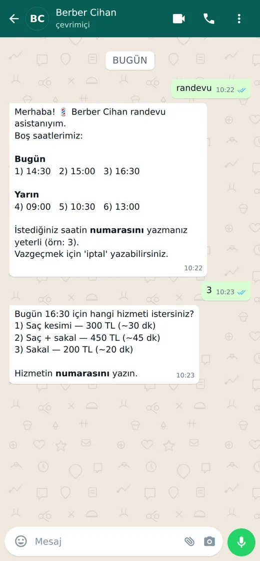 WhatsApp ekranı: bot hizmet türünü ve fiyatını soruyor